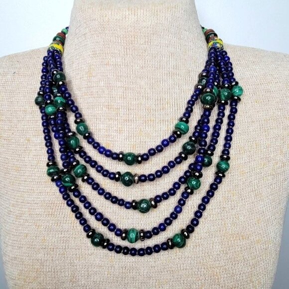 Artisan Multi Strand 18" Necklace Malachite & Handmade Glass Beads Ebony Wood - Picture 1 of 14
